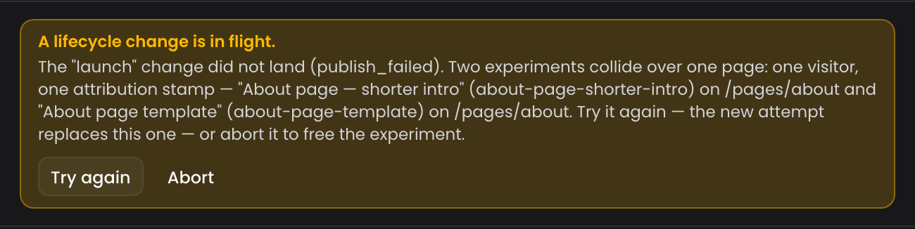 A refused start naming both experiments that claim the same page
