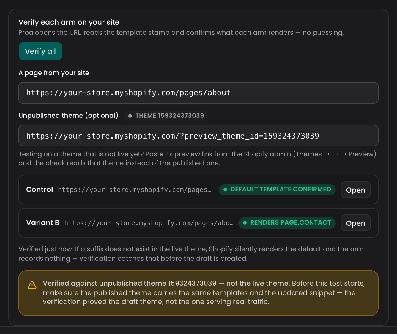 The verify step of a template test, checking each variant against a theme that is not published