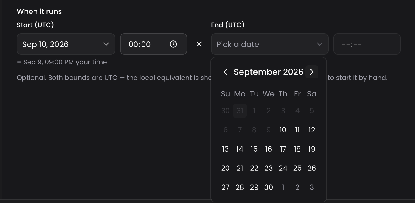 The schedule step, with a button to clear the start date and every day before the start greyed out on the end calendar