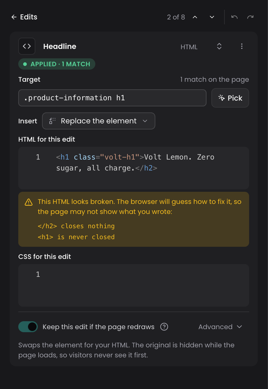 An HTML edit listing two problems under its HTML