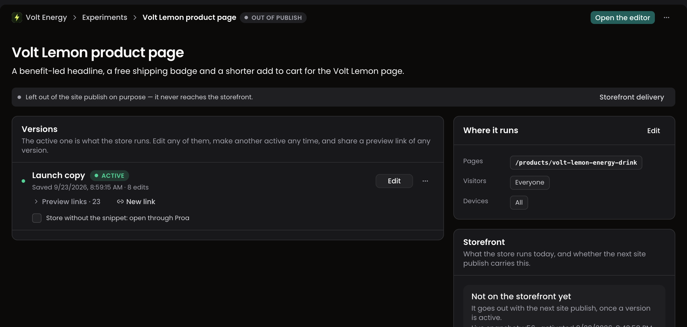 A customization with its versions, where it runs and its state on the storefront