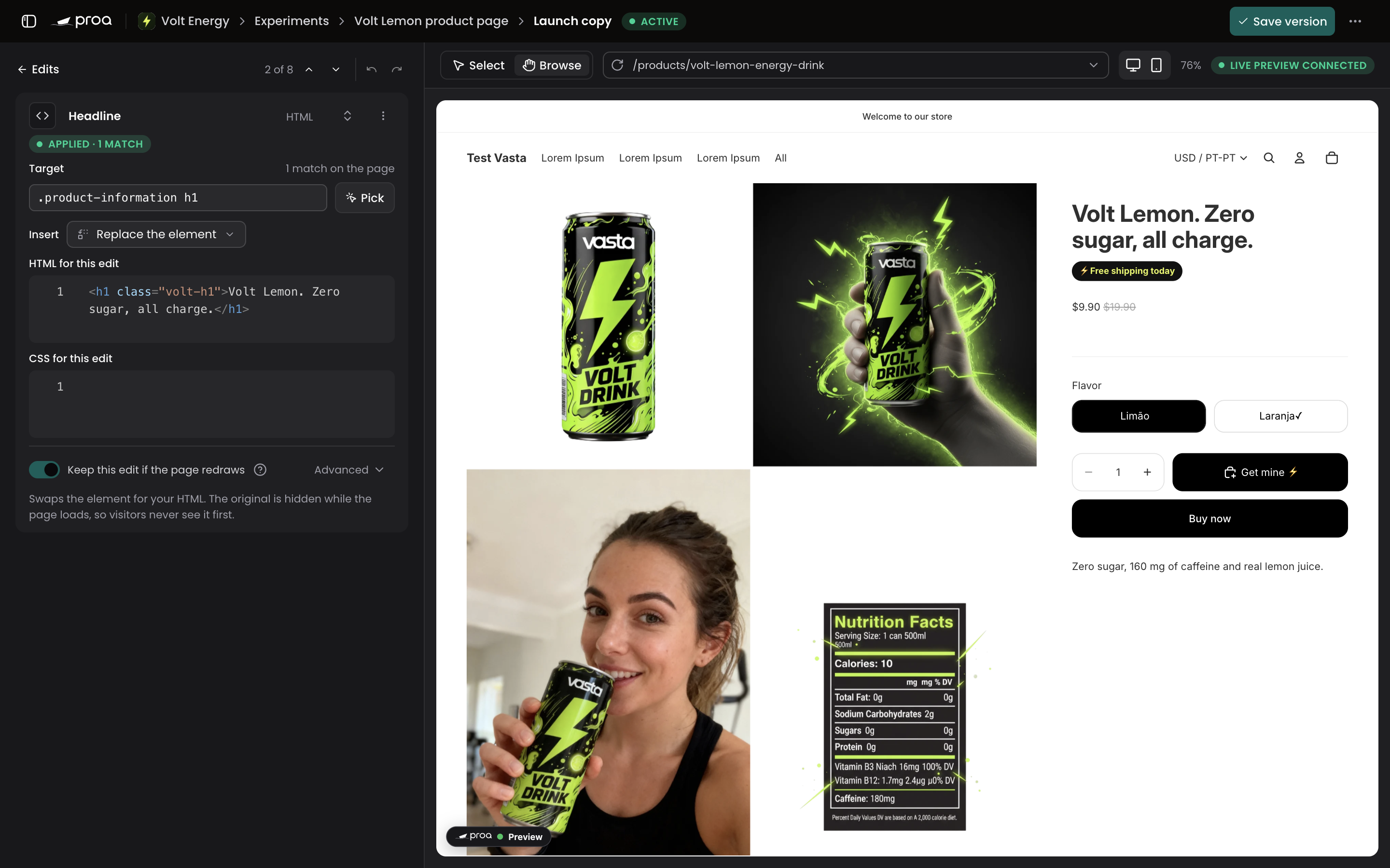 An HTML edit open in the editor, with its element, where the HTML goes and its CSS