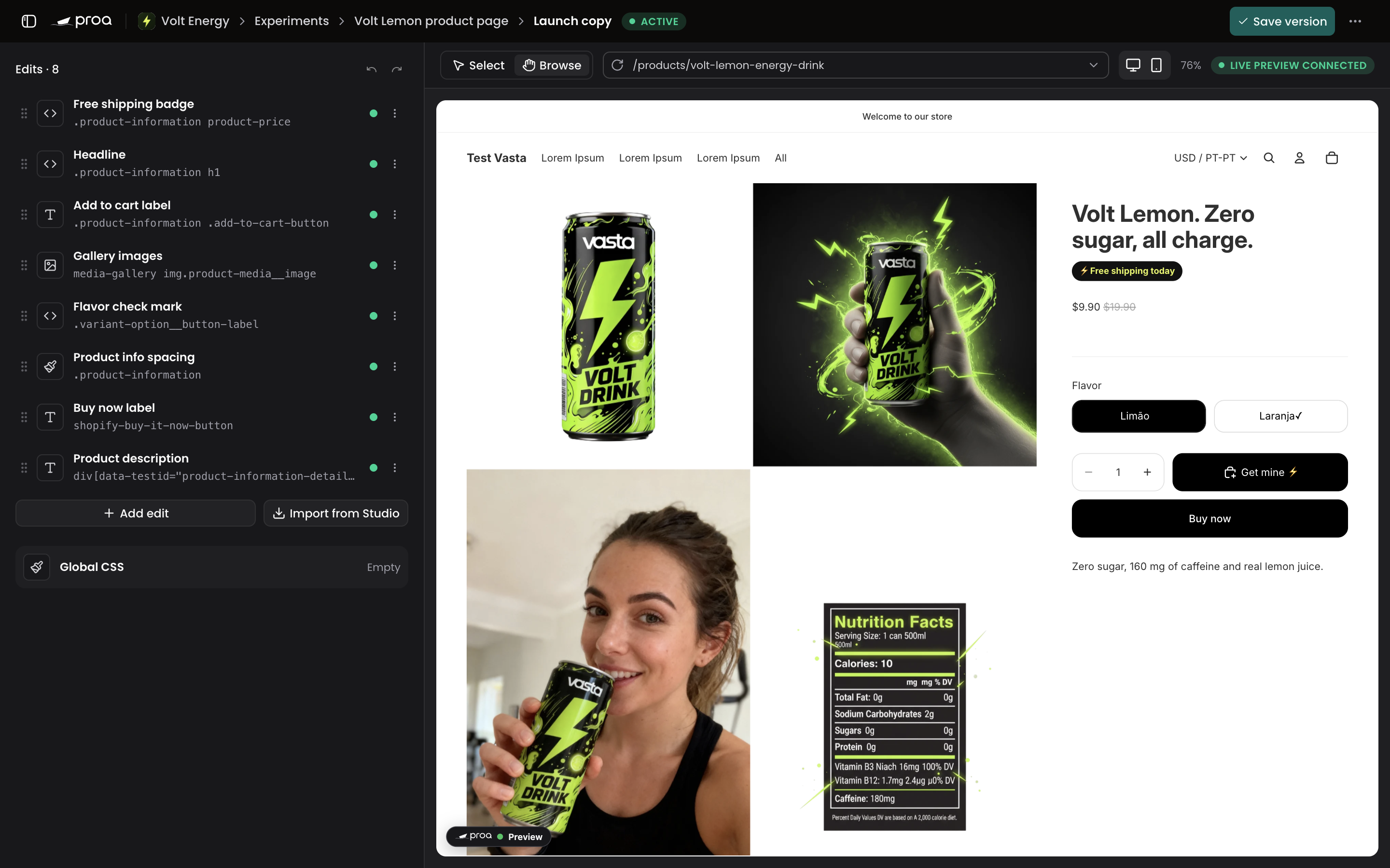 The version editor, with the list of edits on the left and the store on the right