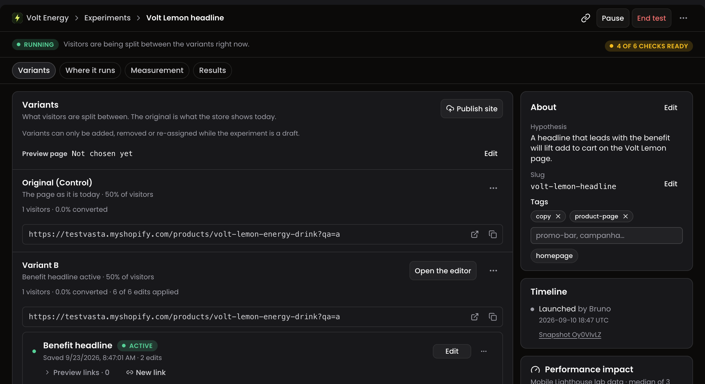A running test on its Variants tab